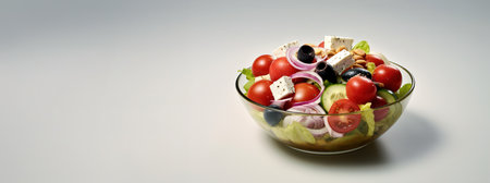 Greek salad with fresh vegetables, feta cheese and black olives on a light background. Generative AIの素材