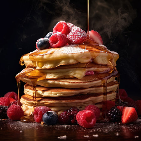 Homemade Pancake with raspberries, almonds and chocolate on a black backgroundの素材
