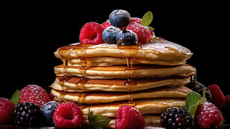 Homemade Pancake with raspberries, almonds and chocolate on a black backgroundの素材