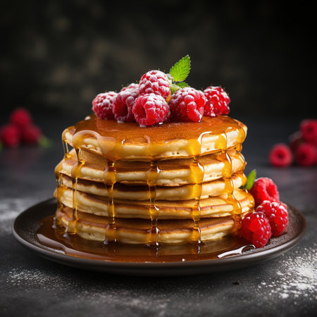 Homemade Pancake with raspberries on a gray backgroundの素材