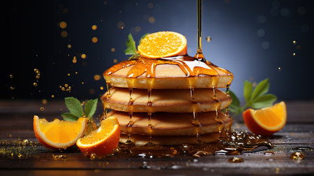 Homemade Pancake with raspberries on a gray backgroundの素材