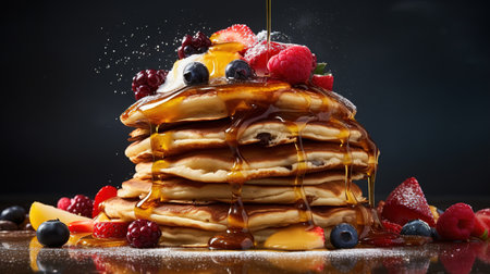 Homemade Pancake with raspberries on a gray backgroundの素材