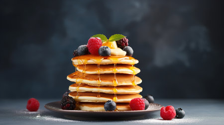 Homemade Pancake with raspberries on a gray backgroundの素材