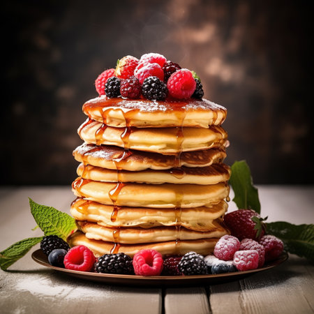 Homemade Pancake with raspberries on a gray backgroundの素材