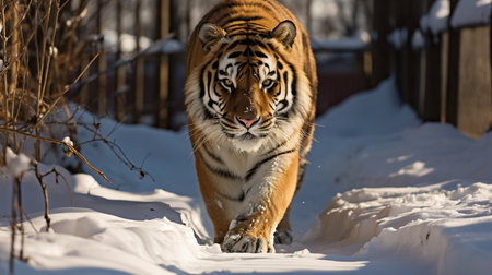 The Amur tiger walks through the forest. Dangerous animal, taiga, Russia. A wild cat in its natural habitat.の素材