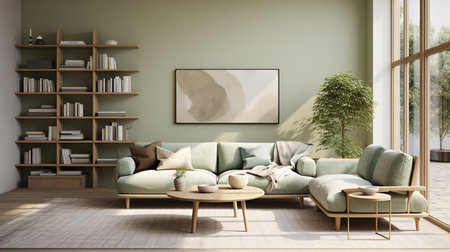 nordic style interior design, modern lounge, sage green and cream high resolutionの素材