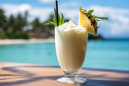 Traditional caribbean cocktail pina colada in a glasses on a blue slate,stone or concrete background.の素材
