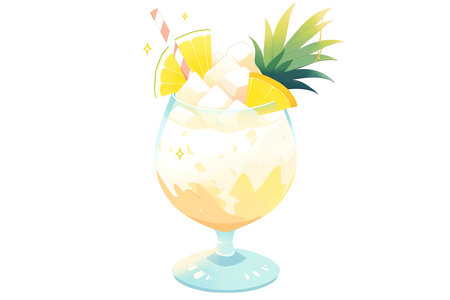 Cocktail "Pina Colada", a handmade alcoholic drink with a piece of pineapple and a cherry. illustration on a white background.の素材