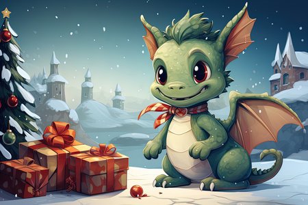 Fantasy cute dragon with christmas hat, new year's card, New Year 2024 Generative AIの素材