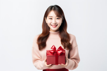 a girl with a gift in her hands and smiling. Generative AIの素材
