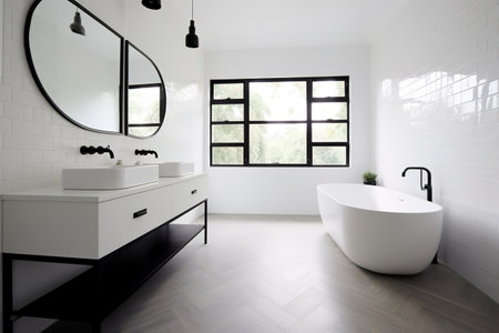 Modern minimalism style bathroom interior in black and white tones Generative AIの素材