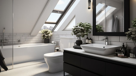 Modern minimalism style bathroom interior in black and white tones Generative AIの素材