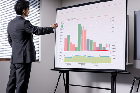 Young businessman near scrum task board in officeの素材