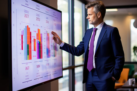Young businessman near scrum task board in officeの素材