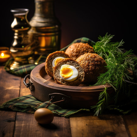 Meat cutlet with boiled egg, pieces on a dark wooden background. Mini meat rolls. Scottish cutlet. Generative AIの素材