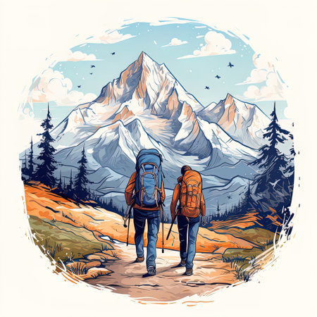 the concept of hiking, healthy lifestyle, nature of the mountain, Generative AIの素材