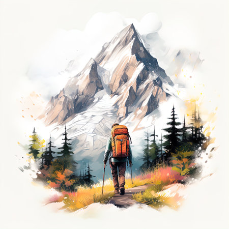 the concept of hiking, healthy lifestyle, nature of the mountain, Generative AIの素材