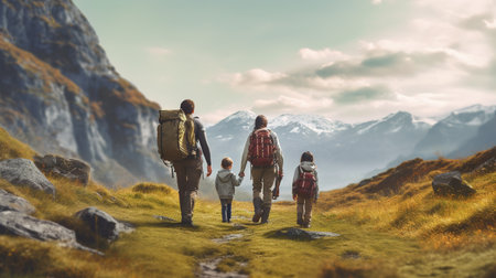 the concept of hiking, healthy lifestyle, nature of the mountain, Generative AIの素材