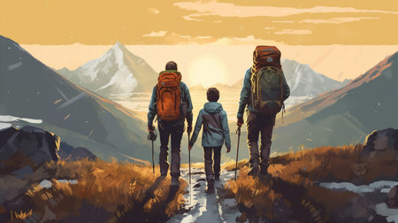 the concept of hiking, healthy lifestyle, nature of the mountain, Generative AIの素材