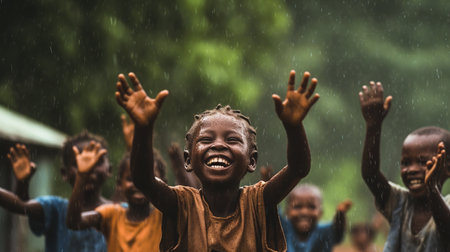 African children rejoice in the rain. Generative AIの素材