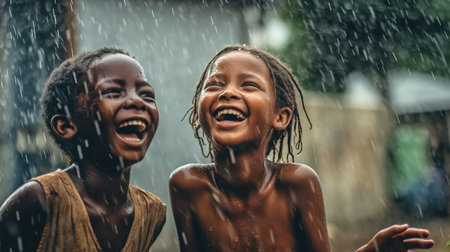 African children rejoice in the rain. Generative AIの素材