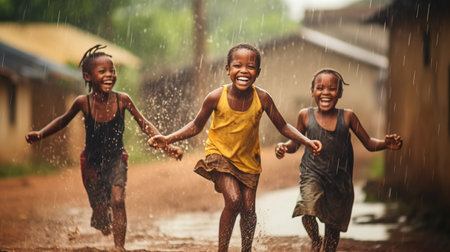 African children rejoice in the rain. Generative AIの素材