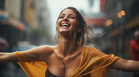 Attractive woman dancing in the summer rain and enjoying the drops of water Generative AIの素材