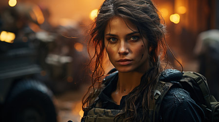 A girl in military operations. A ruined building in the background.の素材