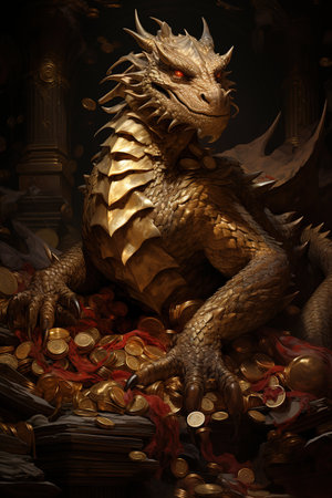 golden dragon on a pile of gold. Generative AIの素材