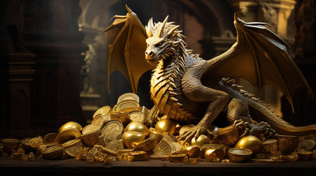 golden dragon on a pile of gold. Generative AIの素材