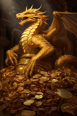 golden dragon on a pile of gold. Generative AIの素材