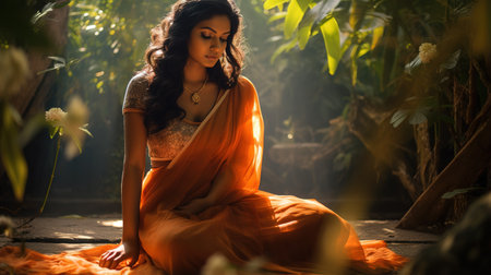 Beautiful Indian woman doing breathing yoga exercise in the summer park, Asian female meditation pose, healthcare.の素材