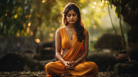Beautiful Indian woman doing breathing yoga exercise in the summer park, Asian female meditation pose, healthcare.の素材