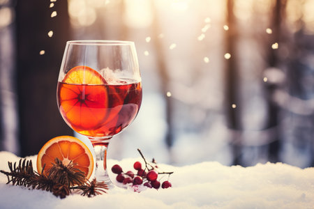 Christmas mulled red wine with spices and oranges on a wooden rustic table. Traditional hot drink at Christmasの素材