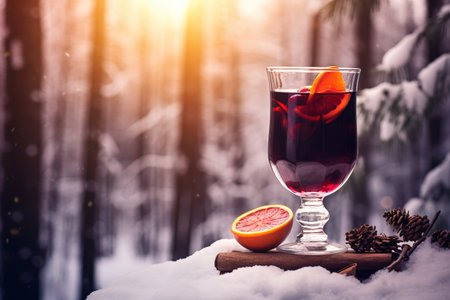 Christmas mulled red wine with spices and oranges on a wooden rustic table. Traditional hot drink at Christmasの素材