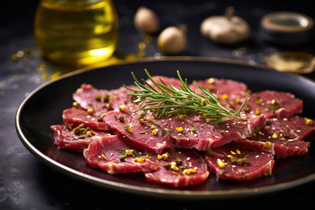 Carpaccio of beef on a plate with mustard and spices Generative AIの素材