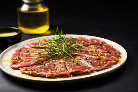 Carpaccio of beef on a plate with mustard and spices Generative AIの素材