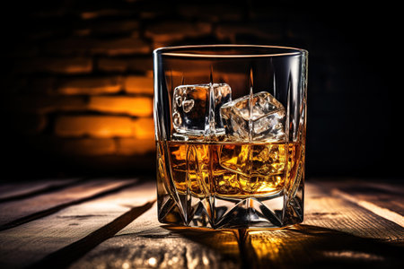 A glass of whiskey with ice on a wooden background. A glass of Scotch whiskey with ice in a rustic style. Whiskey on the rocks. Generative AIの素材