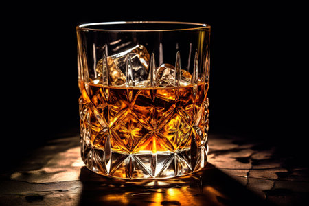 A glass of whiskey with ice on a wooden background. A glass of Scotch whiskey with ice in a rustic style. Whiskey on the rocks. Generative AIの素材