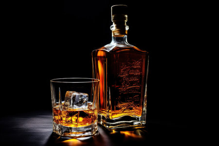 A glass of whiskey with ice on a wooden background. A glass of Scotch whiskey with ice in a rustic style. Whiskey on the rocks. Generative AIの素材