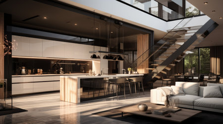 Modern apartment interior - dining table and living-room Generative AIの素材