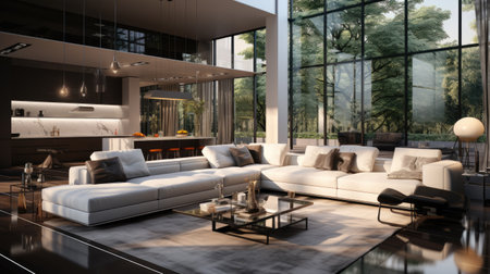 Modern apartment interior - dining table and living-room Generative AIの素材