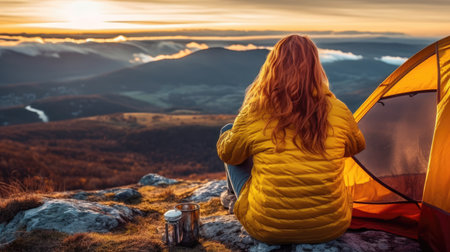 A happy smiling woman sits near a tent in an outdoor camping Generative AIの素材