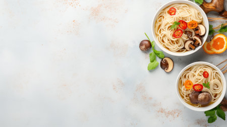 Traditional Chinese soup with noodles, mushrooms and vegetablesの素材