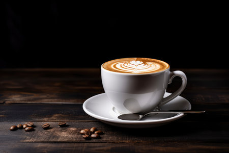 Coffee in cup on wooden table in cafe with lighting background Generative AIの素材
