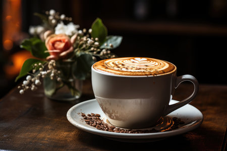Coffee in cup on wooden table in cafe with lighting background Generative AIの素材