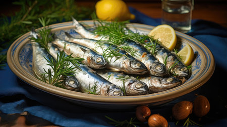 Sardines with lemon, salt and parsley close-up on a dark background. Sea fish. Generative AIの素材