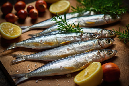 Sardines with lemon, salt and parsley close-up on a dark background. Sea fish. Generative AIの素材