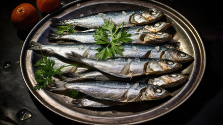 Sardines with lemon, salt and parsley close-up on a dark background. Sea fish. Generative AIの素材