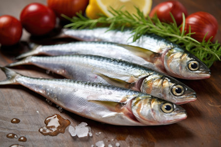 Sardines with lemon, salt and parsley close-up on a dark background. Sea fish. Generative AIの素材